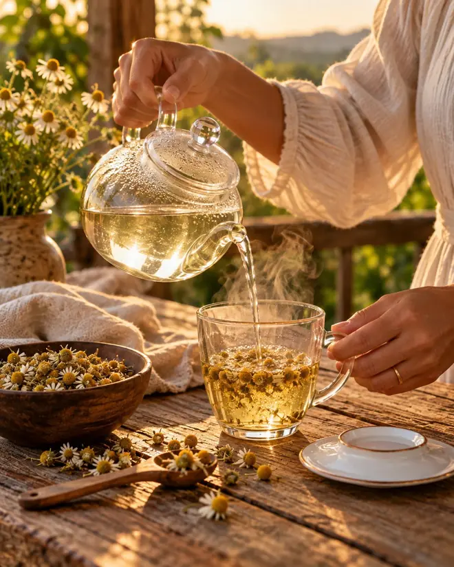 Mãos preparando chá de camomila: flor seca, caneca de vidro e tampa